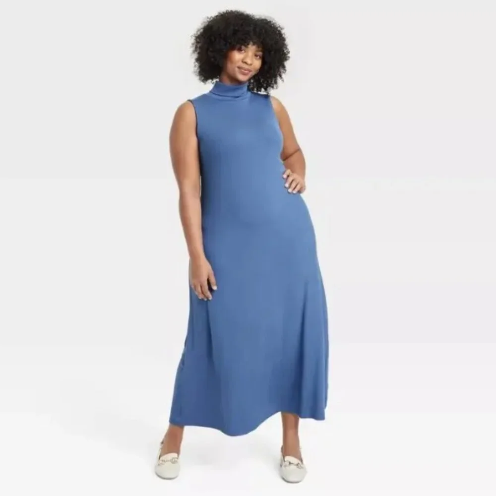 A New Day Blue Mock Cowl Sleeveless Soft Shift Tunic Sheath Maxi Dress NWT 4X - Picture 2 of 3